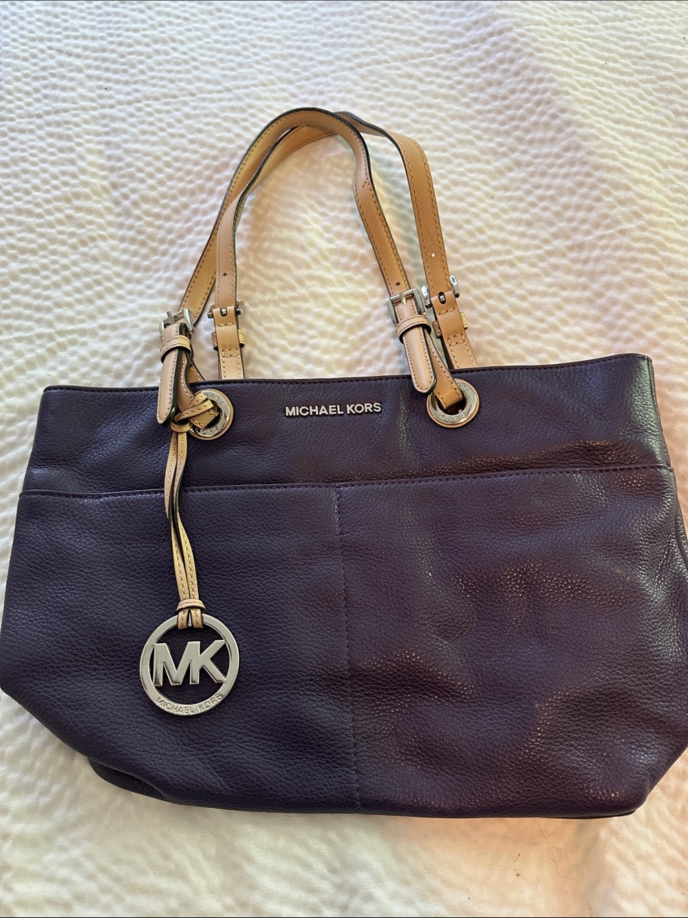Michael Kors Purple Leather Tote with Tan Straps and MK Charm